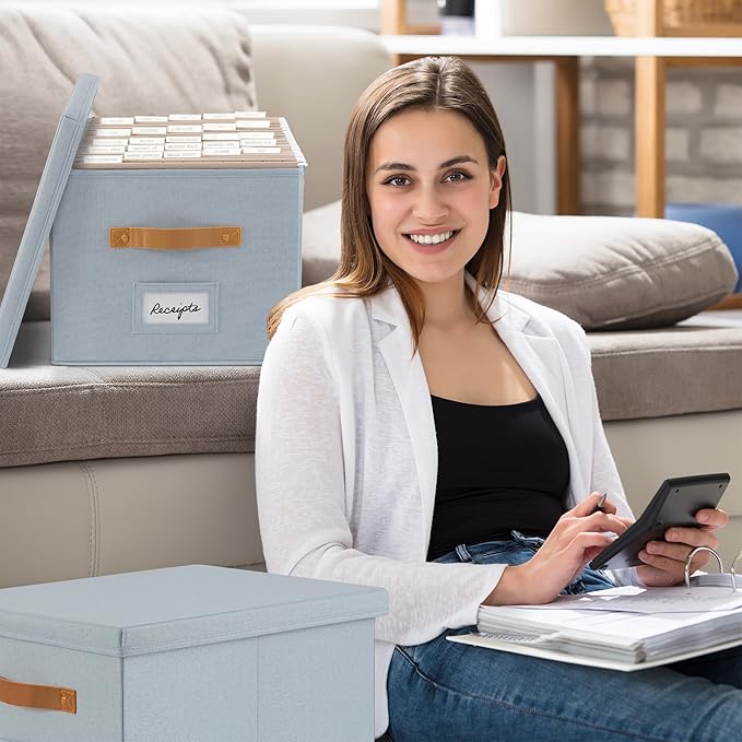 ZICOTO Decorative File Organizer Box Set of 2 - Collapsible Linen Filing Cabinets w/Handles Are Perfect to Store all Your Documents & Hanging File Folders - Portable Easy Slide Crates with Lid