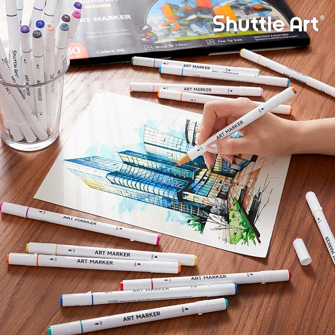 Shuttle Art 30 Colors Dual Tip Art Markers Permanent Marker Pens Highlighters Perfect for Illustration Adult Coloring Sketching and Card Making