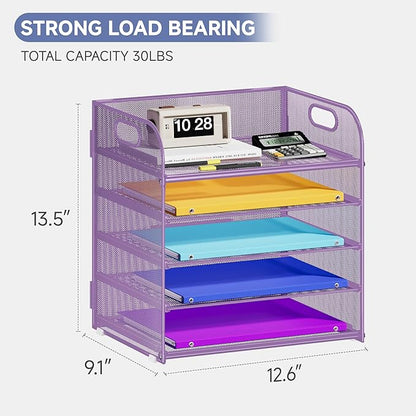 5 Tier Paper Organizer with Handle, Metal Mesh Desk Organizer File Folder Organizer Paper Letter Tray Desktop Document Sorter for Classroom, School, Office Organization and Storage - Purple