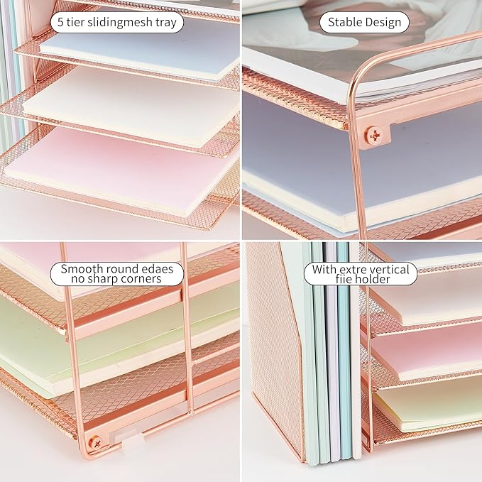 OPNCIE Desk Organizers and Accessories, 5 Tier Paper Letter Tray File Organizer, Office Organization Storage Desk Accessories Workspace Desktop Organizer for Classroom Office Supplies Decor(Rose)