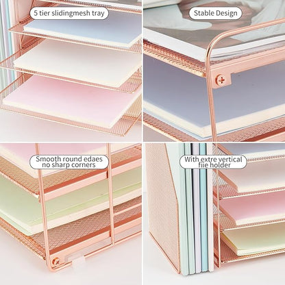 OPNCIE Desk Organizers and Accessories, 5 Tier Paper Letter Tray File Organizer, Office Organization Storage Desk Accessories Workspace Desktop Organizer for Classroom Office Supplies Decor(Rose)