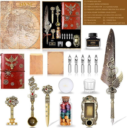 Feather Pen Ink Set With Quill Pen, Notebook, 5 Replaceable Nibs, Seal Stamp, Spoon, Wax Beads, White Wax, Ink, Holder Cup, Envelope, Letter Paper, Envelope Tool(grey)