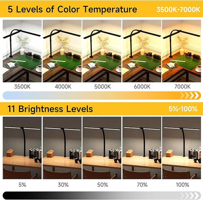 SKYLEO Led Desk Lamp for Home Office - Eye Caring Architect Desk Light with Clamp - Computer Monitor Light with Stepless Dimming Touch Control - 5 Color 24W - 2400LM Timing - Memory Function - Black