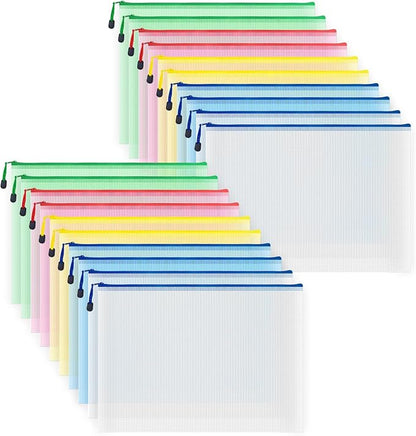 AUSTARK 20 Pcs Zipper File Bags, Plastic Mesh Pouch, Board Game Storage, Waterproof for Office School (A3 Size 16.9''x12'', Multicolored)