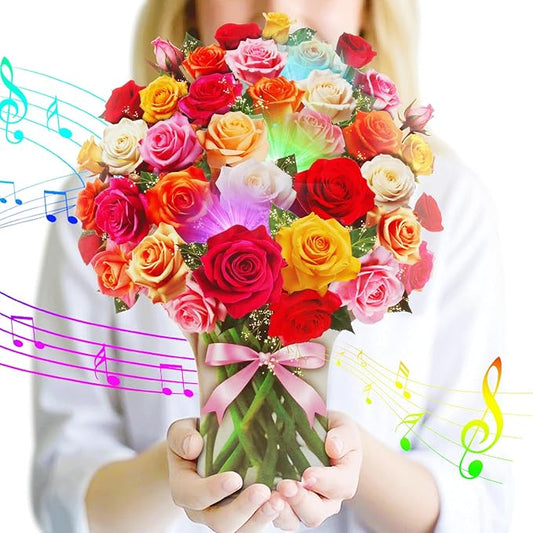 Paper Pop Up Cards, Paper Flower Bouquet 3D Card, Rose Bouquet Greeting Cards with Music and Colorful Lights, Holiday Anniversary Mother's Day Birthday Bouquet Decoration Flower Gift Card