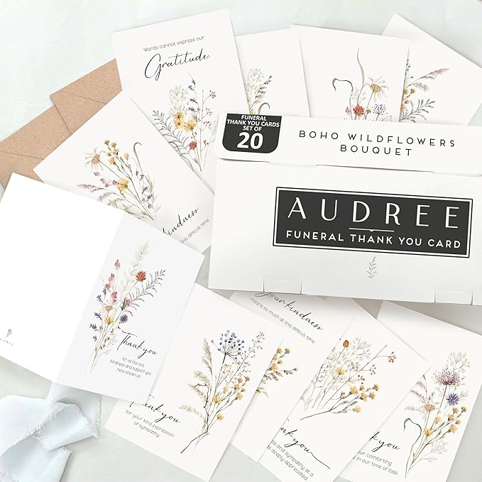 AUDREE 20 Pcs Funeral Thank You Cards with Envelopes Message Inside and Matching Stickers - Bulk 4×6 Watercolor Boho Wildflower Bereavement Thank You Cards For Funeral