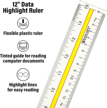 Acrylic Data Highlight Reading Ruler with Tinted Guide, 15" Clear