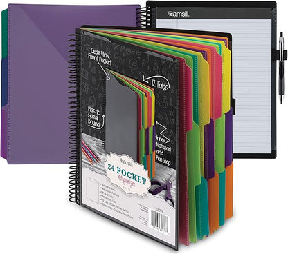 Samsill Deluxe 24 Pocket Spiral Project Organizer with Refillable Notepad Holder, Customizable Front Cover, 12 Dividers with Erasable Write-On Tabs in Fashion Colors, Plastic Folders with Pockets