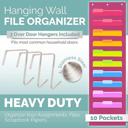Hippo Creation Heavy Duty Storage Pocket Chart for Classroom, 10 Pocket Storage Organizer with 3 Over-Door Hangers, Hanging Wall Organizer for File Folders, School Mailbox, Home Office Papers - Pink