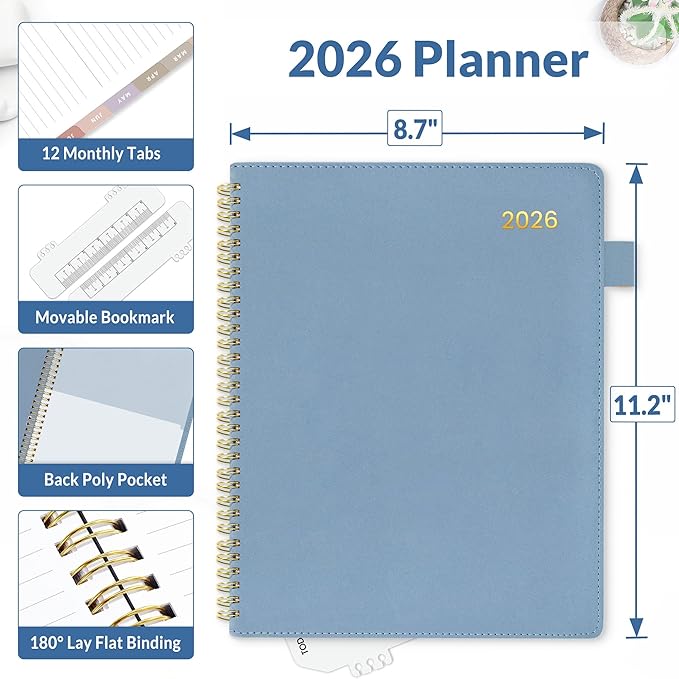 SUNEE 2026 Weekly & Monthly Planner 9"x11.2"- 12 Month (January 2026 - December 2027), Vegan Leather Cover, Pocket, Bookmark, Notes, Monthly Tab, Gay Blue