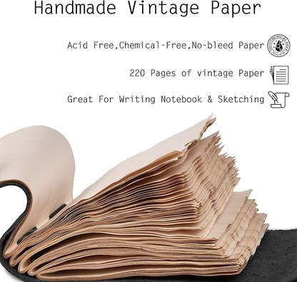 LEATHER VILLAGE Leather Bound Journal - Black, 13"X8", 220 Pages - Vintage Blank Paper Diary for Writing, Drawing, Sketchbook, and Travel Notebook - Ideal for Women and Men