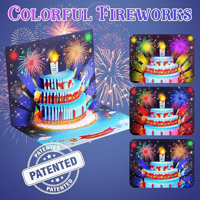 Rocket Birthday Cards for Kids, 3D Pop Up Birthday Card with Music and Light and Interactive Blowable Candle, Gift Card for Kids Children Boys Girls Son Daughter