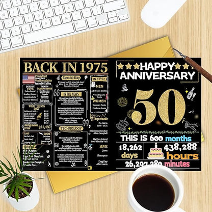 Joycard 50th Anniversary Card for Women Men, Gold Wedding Card for Wife Husband, Sweet Marriage Decorations Gifts for Couple, Perfect for Her Him on Anniversary Day, Gold Wedding Card, Back in 1975
