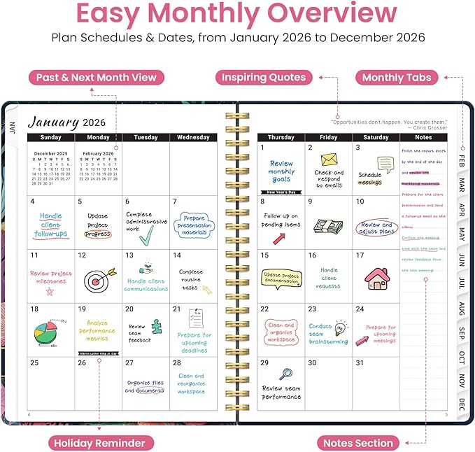 2026 Planner, Weekly and Monthly Planner for Women, January 2026 to December 2026, Pretty Hardcover 2026 Calendar Planner Book with Tabs, Inner Pocket, Spiral Bound, Perfect Office Home School Supplies - 8.5" x 11", Jellyfish