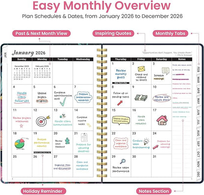 2026 Planner, Weekly and Monthly Planner for Women, January 2026 to December 2026, Pretty Hardcover 2026 Calendar Planner Book with Tabs, Inner Pocket, Spiral Bound, Perfect Office Home School Supplies - 6.3" x 8.5", Jellyfish