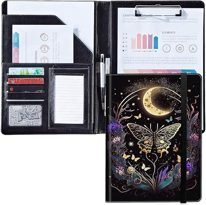 Padfolio/Portfolio Folder Clipboard,Butterfly Flowers & Gold Moon Personalized Leather Portfolio Padfolio for Men Women W/Resume Document Organizer Letter Size A4 Writing Pad Business Card Holders