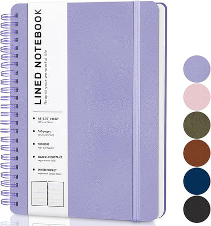 ABERLLS Purple Lined Spiral Journal Notebook with 160 Pages, 8×5.7in, A5 Spiral Notebook, Journaling Notebooks for Work, School, Women, Men, College Ruled Spiral Notebook, Hardcover Leather Journals
