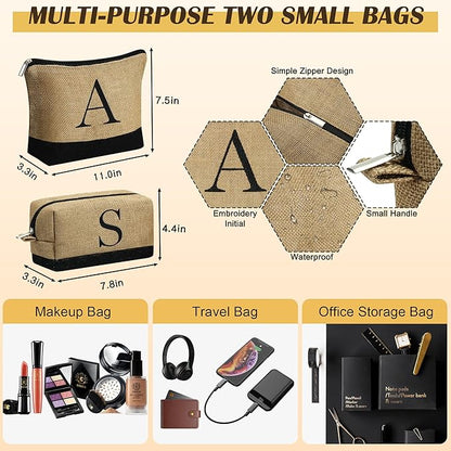 YOOLIFE Christmas Gifts for Women - Initial Jute Tote Bag & 2 Makeup Bags Birthday Gifts for Women Mom Teacher Friend Sister