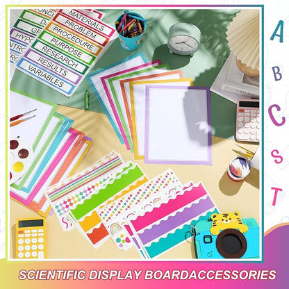 90 Pcs Science Fair Board Supplies 60 Trim Scalloped Bulletin Board Borders 24 Presentation Board Subtitles 6 Science Fair Titles for Classroom Display Boards(Colorful)