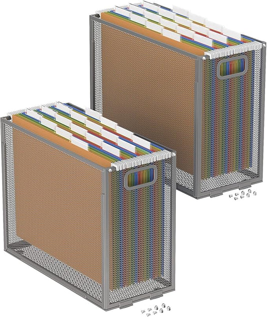 Oterri Hanging File Organizer, Metal File Organizer, Portable Desktop File Organizer for Letter Size Folder, Mesh Hanging File Crate for Office,Folders Not Included(Light Grey,2 Pack)