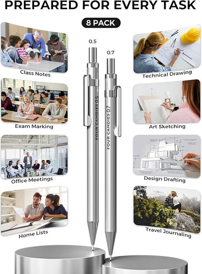 Four Candies 8PCS Metal Mechanical Pencils - 0.5 & 0.7mm with 8 Tubes HB #2 Lead Refills, Eraser Set and Eraser Refills, 20-Count Pack with Case, Lead Pencils Mechanical for Writing, Drawing, Drafting