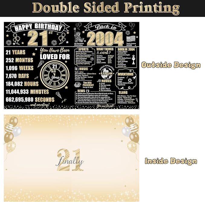 Large 21st Birthday Gift Card With Envelope for Boys Girls, 2004 Black Gold Happy 21st Birthday Giant Guest Signature Book Gifts, Big Vintage 21st Greeting Card Decoration Party Supply