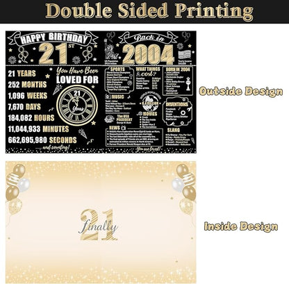 Large 21st Birthday Gift Card With Envelope for Boys Girls, 2004 Black Gold Happy 21st Birthday Giant Guest Signature Book Gifts, Big Vintage 21st Greeting Card Decoration Party Supply