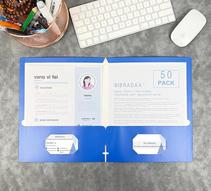BIBRADAA® 50 Packs Blue Paper Folders with Pockets,Paper Folder Surface with Waterproofing,Letter Size,Holds 100 Plus Sheets,for School,Office,Business. (50, Dark Blue)