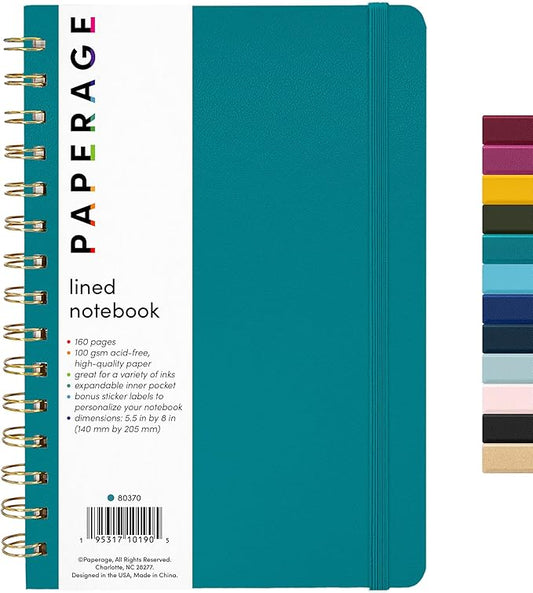 PAPERAGE Lined Spiral Journal Notebook, (Turquoise), 160 Pages, Medium 5.5 inches x 8 inches - 100 GSM Thick Paper, Hardcover, Double-Wire Spiral Journal & Notebook