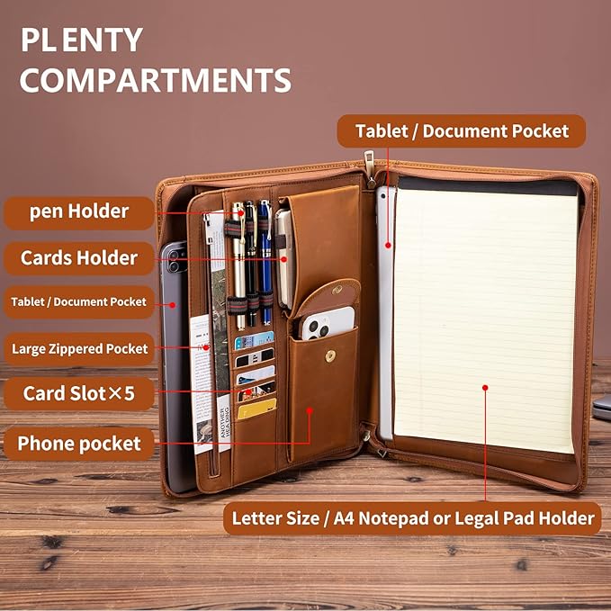 Handmade Crazy-Horse Leather Padfolio Portfolio, Easy to Carry with A Zippered Closure, Business Organizer Tablet Folio Folder with Letter Size Notepad, Gift for Women & Men (Brown, Custom)