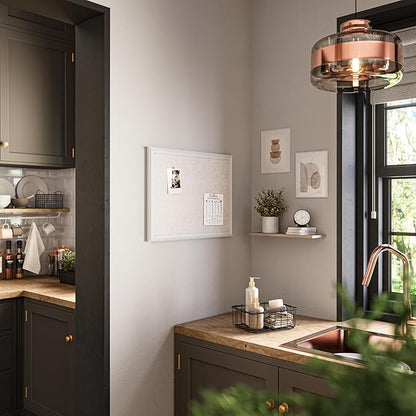 U Brands Farmhouse Linen Bulletin Board, 23"x17", White Wood Style Frame, Industrial Grade Pinning Surface