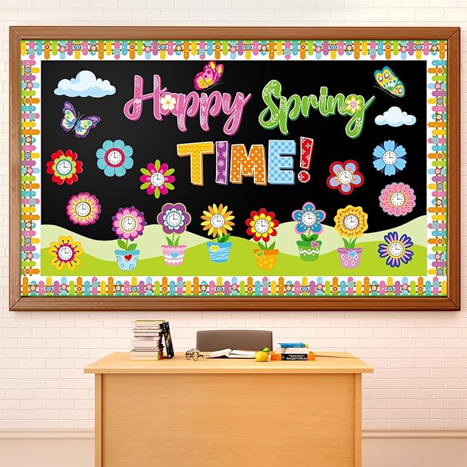 Kosiz Spring Clock Bulletin Board Decorations Set Flower Pot Butterfly Time Learning Paper Cutouts Happy Spring Time Classroom Decorations with Fence Borders for School Wall Chalkboard Door Home