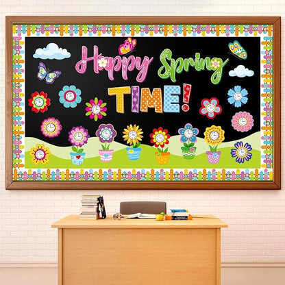 Kosiz Spring Clock Bulletin Board Decorations Set Flower Pot Butterfly Time Learning Paper Cutouts Happy Spring Time Classroom Decorations with Fence Borders for School Wall Chalkboard Door Home