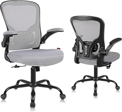Flysky Ergonomic Office Desk Chair Breathable Mesh Swivel Computer Chair, Lumbar Back Support Task Chair, Grey Office Chairs with Flip-up Arms, Adjustable Height Executive Rolling Chair