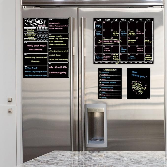 Magnetic Chalkboard Monthly Calendar - Weekly Planner Blackboard Combo Set w/Neon Bright Liquid Chalk Markers - Bonus Grocery List and Notepad Blackboard for Refrigerator Included