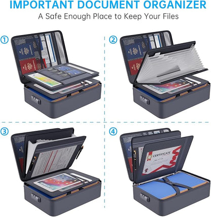 ENGPOW 5200℉ Fireproof File Organizer Bag with 13 Pocket Accordion File Folder,Document Organizer Box with Lock&Labels,Multi-Layer Portable Home Travel Safe Storage Box for Important Documents,Gray