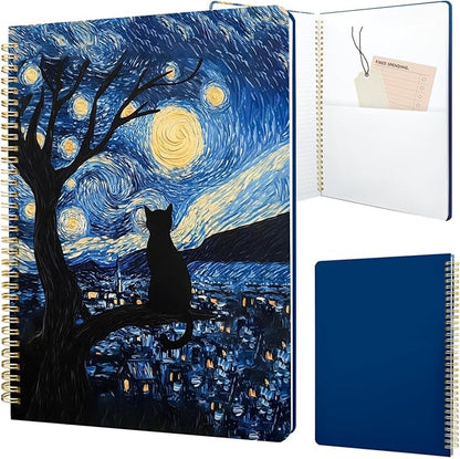 Cute Spiral Notebook journal A4 Aesthetic Pretty Design for Women Girls Kawaii with Pocket, 8.5 x 11 inch, Lined, Cat Galaxy