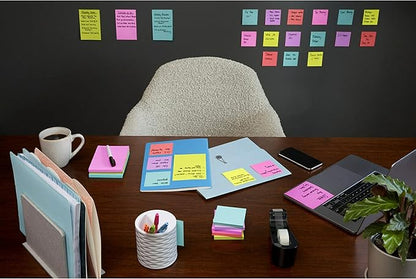 Post-it Super Sticky Notes, 12 Sticky Note Pads, 3 x 3 in., School Supplies, Office Products, Sticky Notes for Vertical Surfaces, Monitors, Walls and Windows, Supernova Neons Collection
