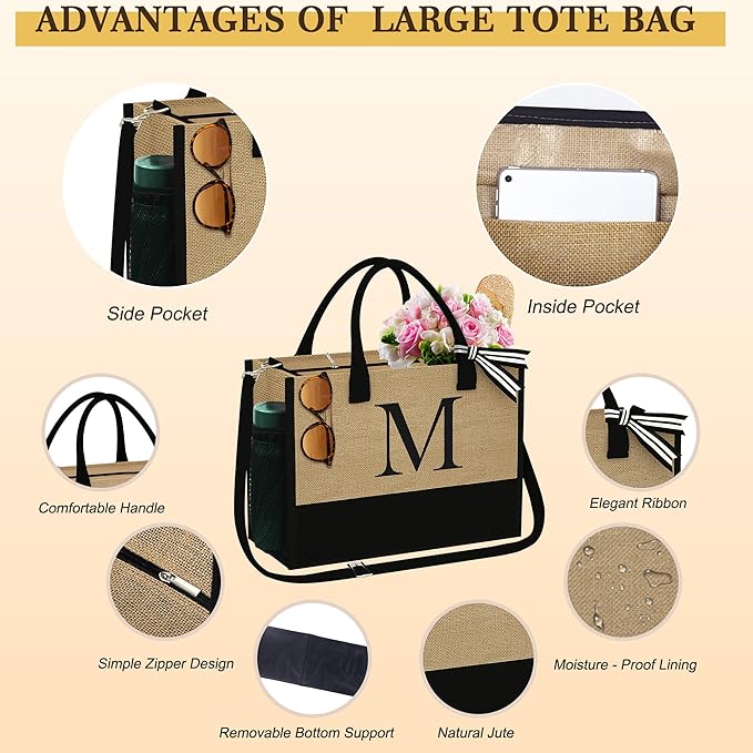 YOOLIFE Christmas Gifts for Women - Initial Jute Tote Bag & 2 Makeup Bags Birthday Gifts for Women Mom Teacher Friend Sister