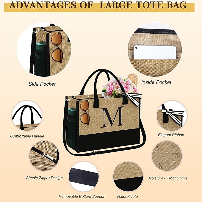 YOOLIFE Christmas Gifts for Women - Initial Jute Tote Bag & 2 Makeup Bags Birthday Gifts for Women Mom Teacher Friend Sister