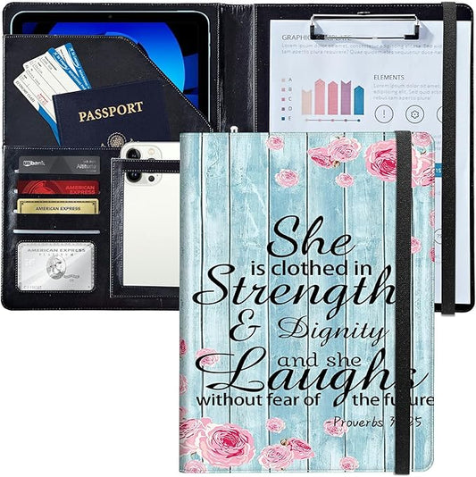PU Leather Padfolio Folder Clipboard Portfolios Organizer Conference Document Organizer with Business Card Holder Storage Clipboard Writing Pad,Bible Quote Proverbs 31-25