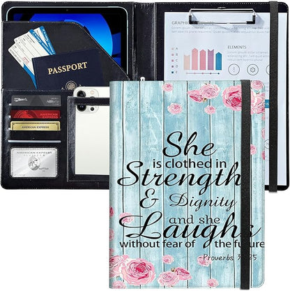 PU Leather Padfolio Folder Clipboard Portfolios Organizer Conference Document Organizer with Business Card Holder Storage Clipboard Writing Pad,Bible Quote Proverbs 31-25