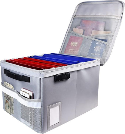 File Box with Lock, Fireproof Document Box File Organizer Box, Portable Office Collapsible File Storage with Reflective Strip for Hanging Letter/Legal Size Folder/Certificate