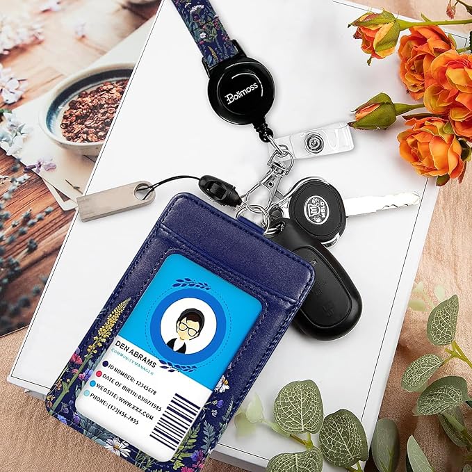 Floral Badge Holders, Vertical PU Leather ID Card Name Bdge Holder with Detachable Neck Lanyard Strap and Retractable Badge Reel Metal Clip Sturdy Buckle for Key Wallet (Wildflower)