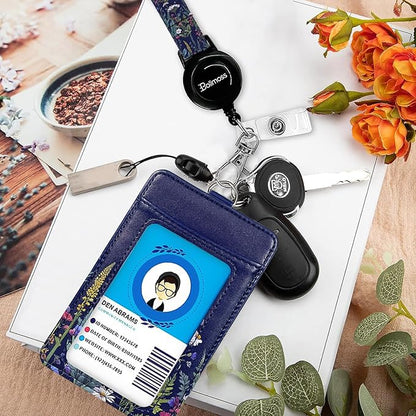 Floral Badge Holders, Vertical PU Leather ID Card Name Bdge Holder with Detachable Neck Lanyard Strap and Retractable Badge Reel Metal Clip Sturdy Buckle for Key Wallet (Wildflower)