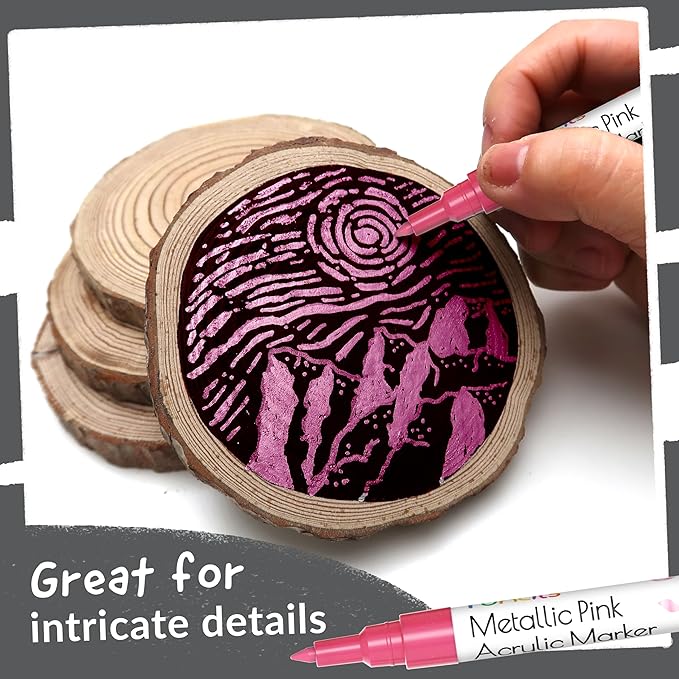 5 Acrylic Metallic Pink Paint Pen - Extra Fine Tip, Thin & Jumbo (1mm, 3mm, 6mm, 10mm, 15mm) - Paint Markers for Metal, Rocks, Plastic, Canvas, Wood, Fabric, Tire, Glass. Pink Permanent Marker