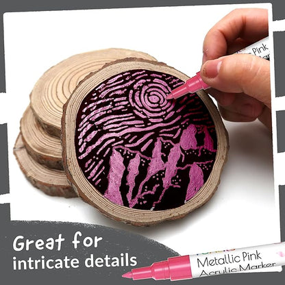 5 Acrylic Metallic Pink Paint Pen - Extra Fine Tip, Thin & Jumbo (1mm, 3mm, 6mm, 10mm, 15mm) - Paint Markers for Metal, Rocks, Plastic, Canvas, Wood, Fabric, Tire, Glass. Pink Permanent Marker
