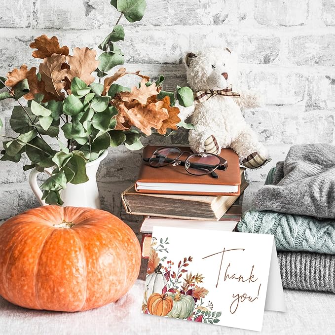 Whaline 50 Pack Fall Thank You Cards Bulk Boxed Watercolor Autumn Leaves Pumpkin Thank You Note Cards with Kraft Envelopes Sticker Thanksgiving Blank Greeting Cards for Wedding Baby Shower