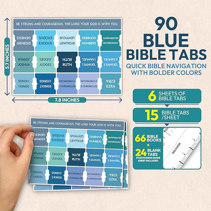 Bible Tabs for Women, Men, Kids, 90 Large Print Bible Index Tabs for Study Bible, Laminated Easy-to-Read Label, Christian Gift for Church, Blue