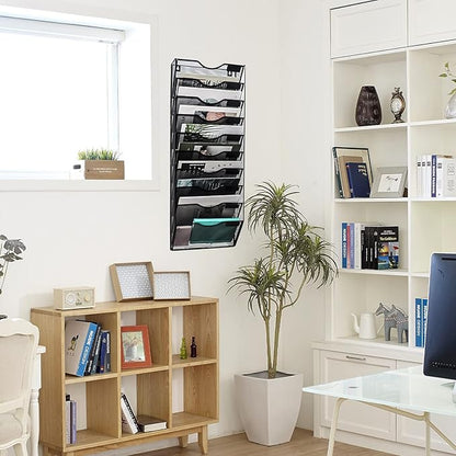 EASEPRES 10 Pockets Mesh Wall File Holder Organizer Office Hanging Magazine Rack, Black